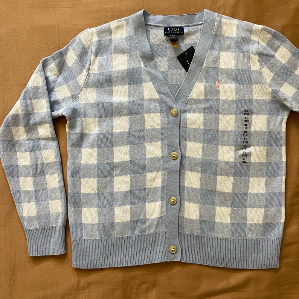 Polo by Ralph Lauren girl’s Light Blue & White Check V-Neck Cardigan
